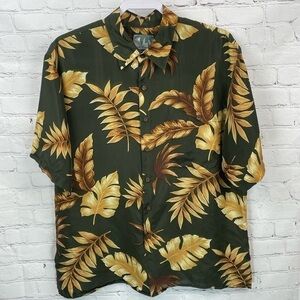Silk Traders * Men’s 100% Silk Hawaiian Camp Shirt Green w/Palm Fronds Siz…
